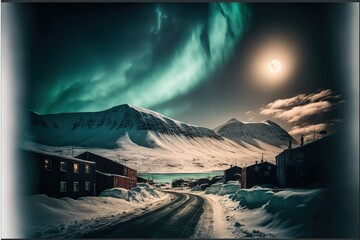 a snowy road with a full moon in the sky and a mountain in the background with a green aurora light in the sky above the snow covered mountains and a road with a few cars.