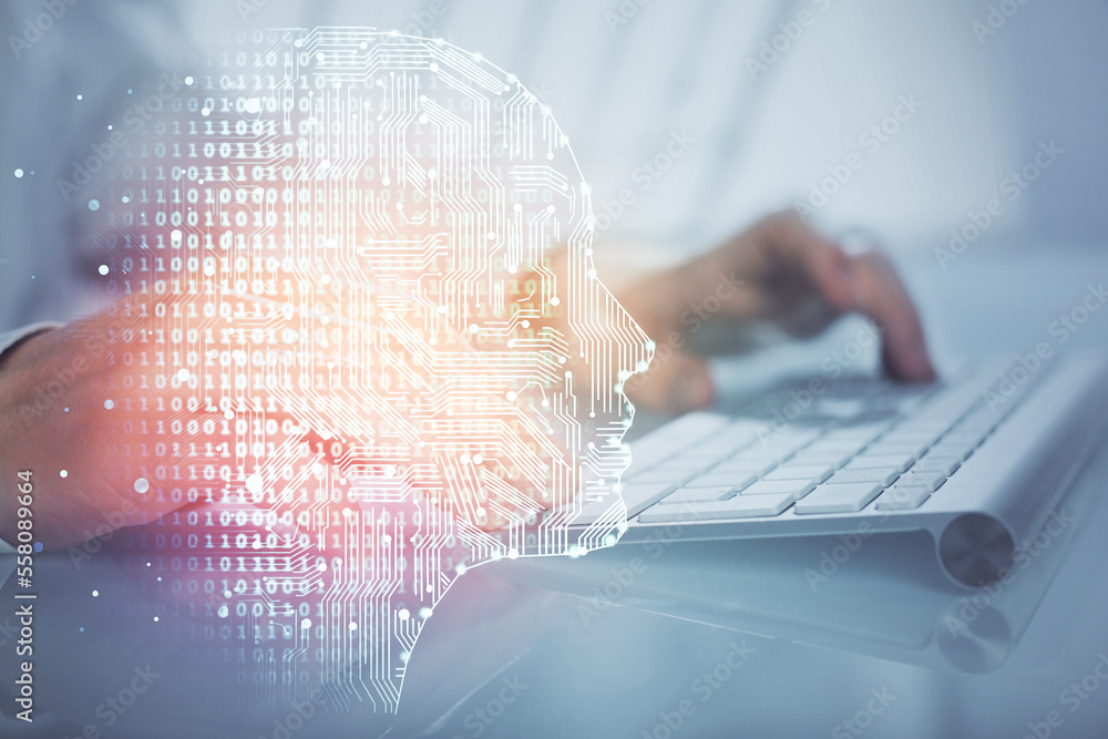 Poster man with computer background with brain theme hologram. concept of brainstorm. double exposure.