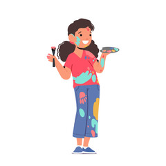 Cute Little Child with Palette, Brush and Dye Spots on Clothes, Face and Hands. Happy Childhood, Talented Child