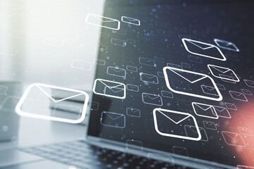 Creative concept of postal envelopes illustration on modern laptop background. Email and...