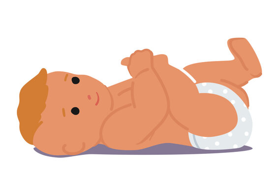 Cute Newborn Baby Lying on Floor and Playing with Leg Isolated on White Background. Innocent Healthy Adorable Child