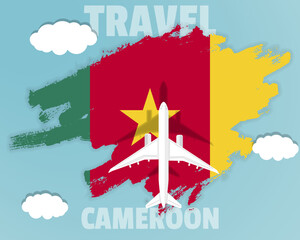 Traveling to Cameroon, top view passenger plane on Cameroon flag, country tourism banner idea