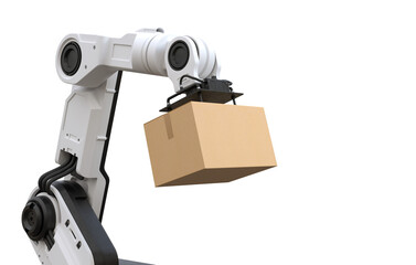 Robot arm lifting a cardboard box on transparent background, PNG file