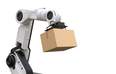 Robot arm lifting a cardboard box on transparent background, PNG file