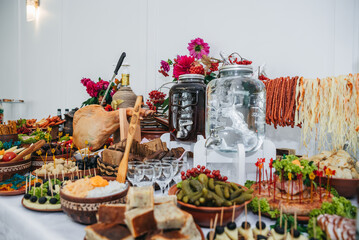 Food on the table. Dishes. Wedding table.