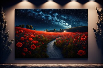 a painting of a field of flowers with a path leading to a house at night with stars in the sky and a full moon in the sky above the field of red poppies and.