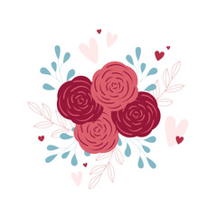 Illustration of a flower bouquet, with hearts, roses and leaves. Vector elements in white or transparent background, for card or wedding invitation.