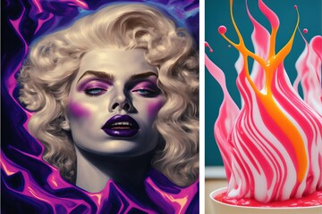 Obraz premium a painting of a woman's face and a painting of a woman's face with pink and orange swirls on the side of her face and a painting of a woman's face.