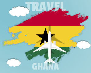 Traveling to Ghana, top view passenger plane on Ghana flag, country tourism banner idea