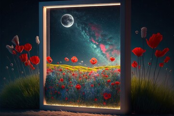 a painting of a field of poppies with a full moon in the sky and stars in the night sky above it and a field of flowers in the foreground with grass and a full of red flowers.