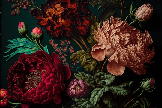 a painting of a bunch of flowers on a green background with leaves and flowers in the middle of the picture, and a few buds in the middle of the middle of the picture, and the middle of the.