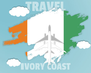 Traveling to Ivory Coast, top view passenger plane on Ivory Coast flag, country tourism banner idea