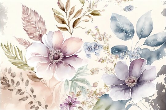 a watercolor painting of flowers and leaves on a white background with blue and pink colors on the edges of the image and the bottom half of the image with the flowers and leaves. generative ai