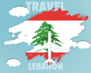 Traveling to Lebanon, top view passenger plane on Lebanon flag, country tourism banner idea