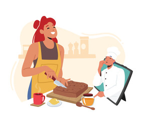 Female Character Cooking Cake Watching Recipe in, Culinary Tutorials, Online Classes for Housewives Concept