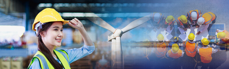 Wind Turbine Design or Engineering team renewable energy with Double exposure Powerful wind turbine...