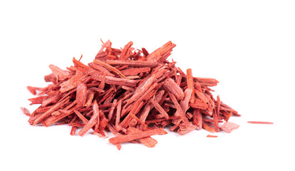Red Sandalwood incense chips, isolated on white background. Sanderswood, rubywood or red saunders.