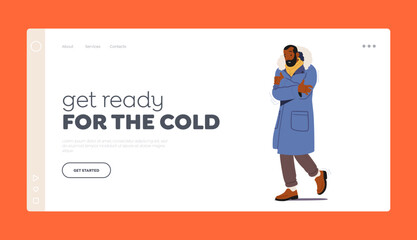 Cold Weather, Freezing People Landing Page Template. Black Male Character Wrapped in Warm Winter Clothes Tremble