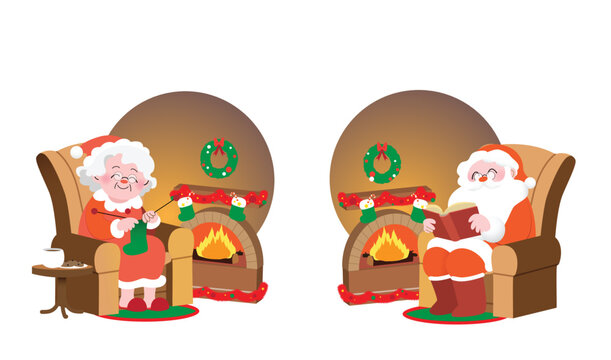 Christmas Santa Claus and Mrs Claus isolated characters sitting in armchair in front of fireplace. Cozy fireplace interior with christmas decorations.