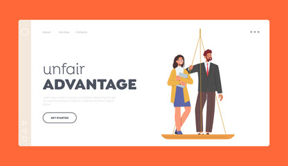 Unfair Advantages Landing Page Template. Inequality and Imbalance Concept. Male and Female Characters Stand on Scales - obrazy, fototapety, plakaty