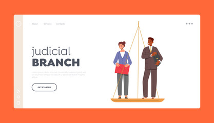 Judicial Branch Landing Page Template. Male and Female Characters Stand on Scales, Discrimination In Corporation