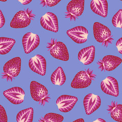 Fototapeta na wymiar Strawberry seamless pattern. Colorful vivid print with hand drawn berries. Repeated luxury design for packaging, cosmetic, menu, cafe, textile. Realistic detailed illustration.