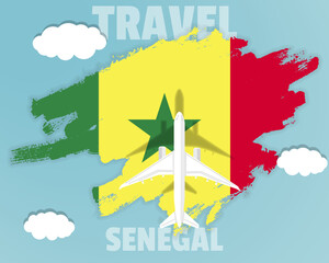 Obraz na płótnie Canvas Traveling to Senegal, top view passenger plane on Senegal flag, country tourism banner idea