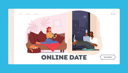 Online Date Landing Page Template. Young Male and Female Characters in Virtual Relations. Woman and Man Chat in Internet