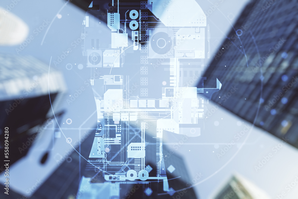 Poster double exposure of creative artificial intelligence hologram on modern skyscrapers background. neura