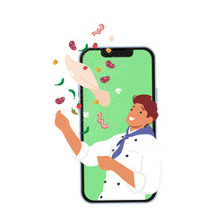 Online Cooking Classes and Tutorials for Preparing Food Concept. Chief Male Character Making Pizza, Spinning Dough