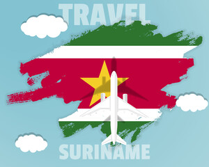 Traveling to Suriname, top view passenger plane on Suriname flag, country tourism banner idea