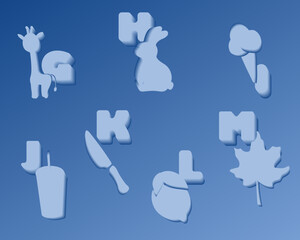 Alphabet with pictures. Graphic design for children and education. 3D pictures and letters part 2.
