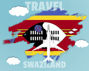 Traveling to Swaziland, top view passenger plane on Swaziland flag, country tourism banner idea