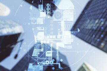 Double exposure of creative artificial Intelligence hologram on modern skyscrapers background. Neural networks and machine learning concept
