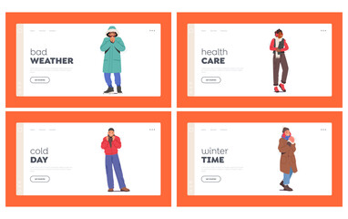 Freezing People at Cold Weather Landing Page Template Set. Male and Female Characters Wearing Warm Winter Clothes