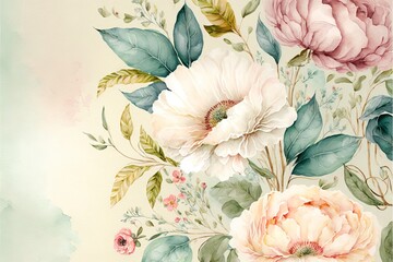a painting of a bouquet of flowers on a white background with green leaves and pink flowers on the side of the picture is a watercolor painting of a bouquet of flowers on a light green background., ai