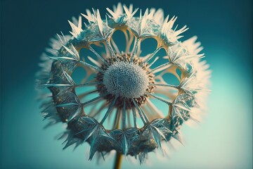 a close up of a dandelion with a blue background in the middle of the image is a blurry photo of the dandelion and the dandelion is very blurry.
