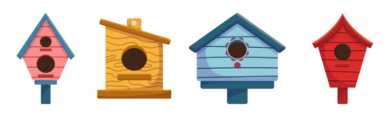 Set of Wooden Bird Houses, Colorful Feeders, Sweet Homes for Birds of Different Design with Slope Roof, Birdhouses