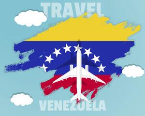 Obraz na płótnie Canvas Traveling to Venezuela, top view passenger plane on Venezuela flag, country tourism banner idea