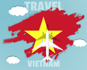 Traveling to Vietnam, top view passenger plane on Vietnam flag, country tourism banner idea
