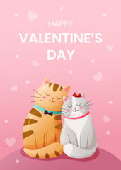 Vector vertical template greeting card for valentines day. Happy couple cats in love on pink background illustration. Flyer for celebrate event and social media