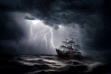 Fototapeta premium A Pirate ship in the middle of the storm created with Generative AI