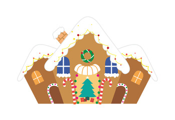 Gingerbread cake house flat vector illustration. Isolated vector. Christmas gingerbread house.