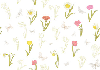 White daffodils and tulips flowers, the early spring flowers. Seamless pattern, background. Vector illustration. In botanical style