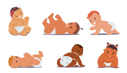Set of Newborn Babies of Different Nations. Cute Innocent Infants, Asian, African, Latin or Caucasian Nations Character