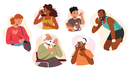 Set of Male and Female Characters Suffer of Asthma Symptoms, Adults, Seniors and Kids Use Inhaler, Respiratory Disease - obrazy, fototapety, plakaty