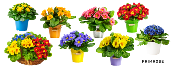 Spring primrose primula flowers in pot set. PNG with transparent background. Flat lay. Without shadow.