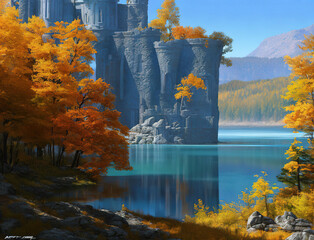 Autumn landscape with medieval castle and lake, AI generation 