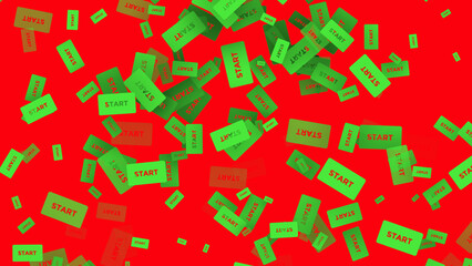 Green cards with text SELECT rotate looping up on red background. Concept of choice. Call to action. Abstract festive backdrop for advertise text copy space. Transparent Alpha channel 3D render.