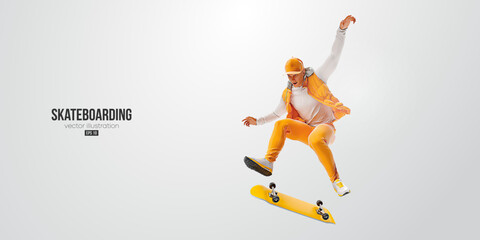 Plakat Realistic silhouette of a skateboarder on white background. The skateboarder man is doing a trick. Street skateboarding. Vector illustration